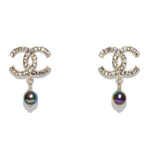 Chanel 22P Gold Gray Crystal Pearl Purple CC Logo Drop Statement Stud Earrings